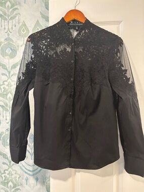 WHBM Black Lace Yoke Button-Up Blouse size 8